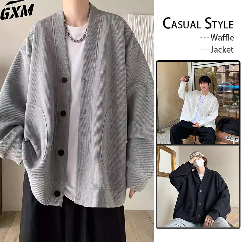 Putih Cardigan Pria Casual | Cardigan Pria | Cardigan Wanita Hitam/ ABU | Waffle Cardigan Oversized 