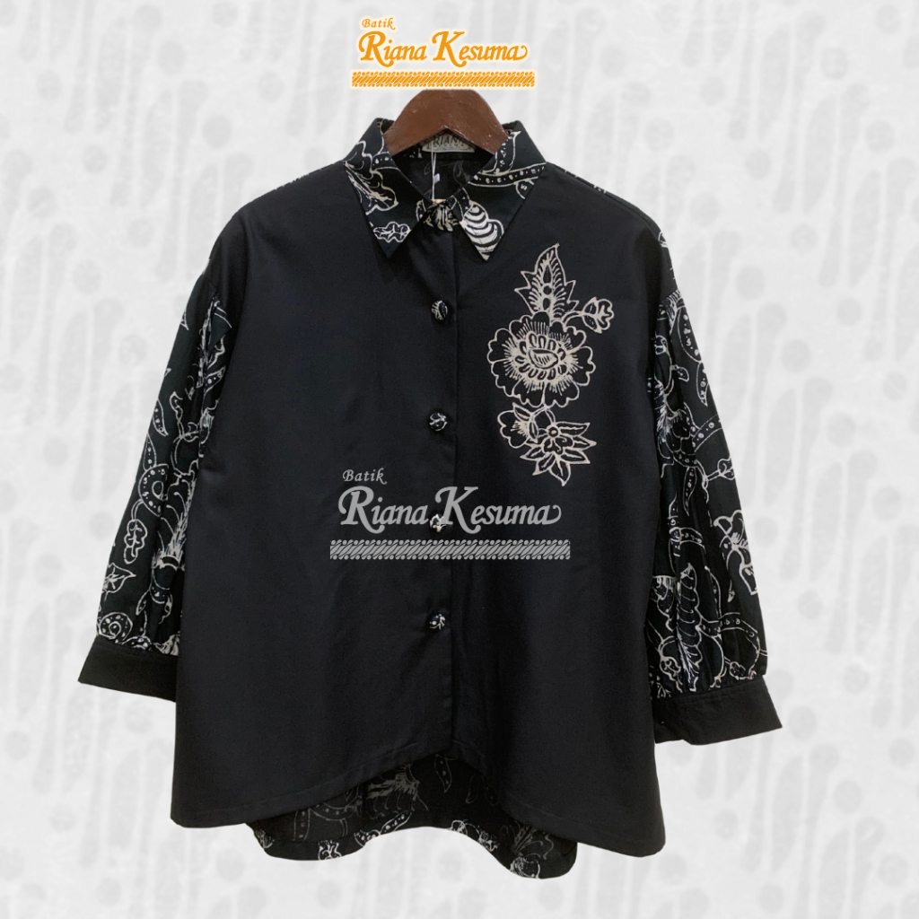Batik Riana Kesuma - Atasan Blus Kerja Katun Batik Tulis Kombinasi Polos