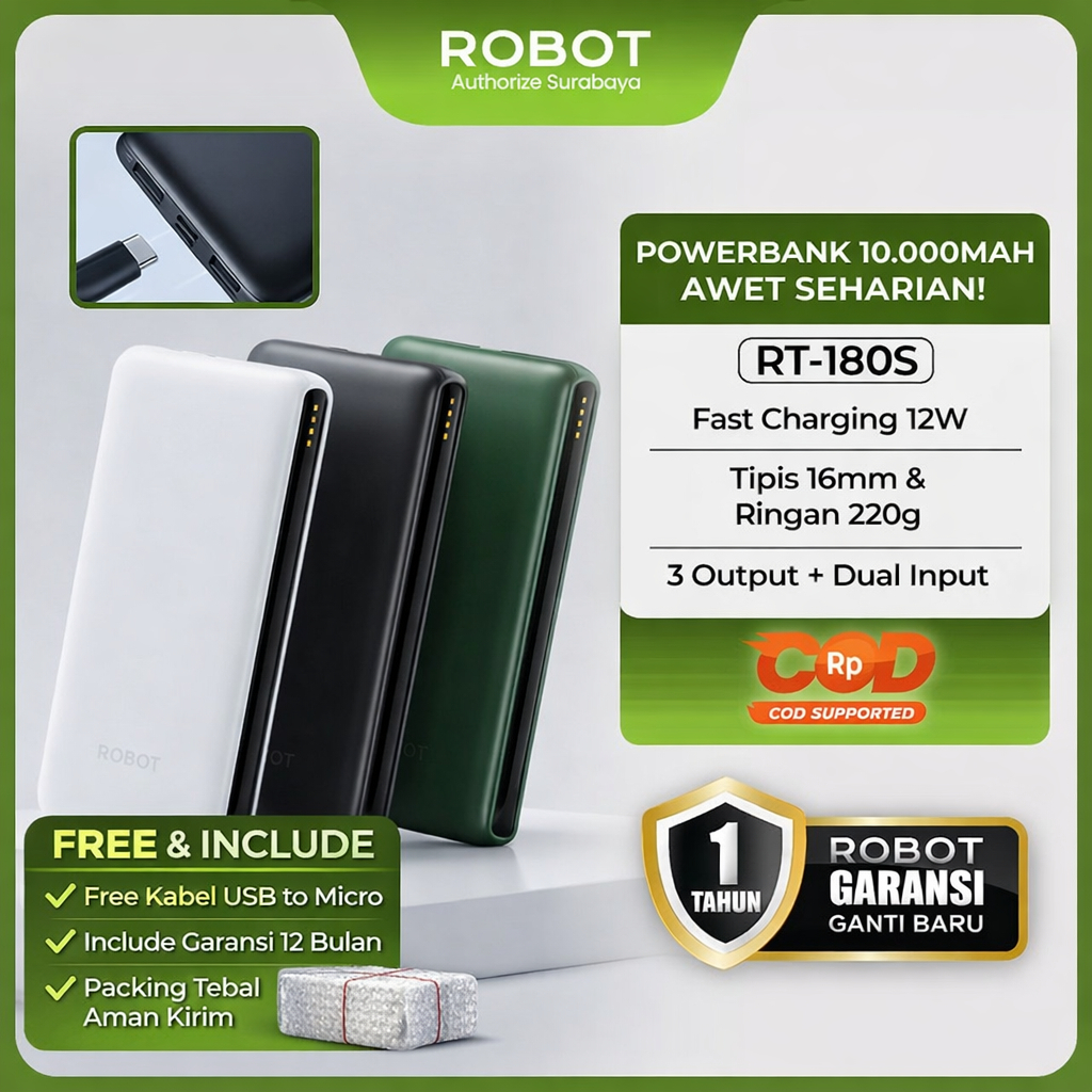 ROBOT Powerbank 10000mAh 12W Fast Charging 3 Output USB-A & USB-C 2 Input Bisa Cas 3 Device Tipis 16