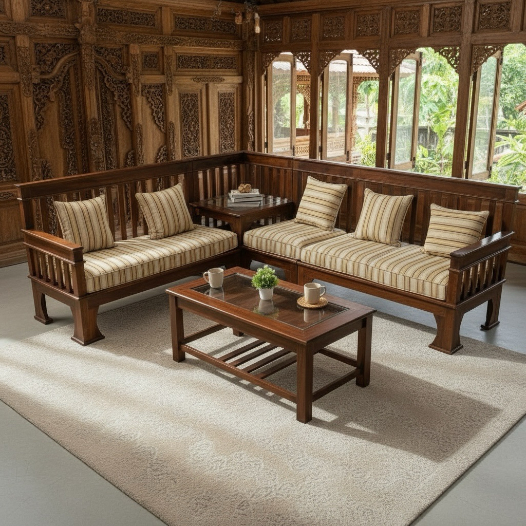 Sofa L sudut Kayu akasia + Meja