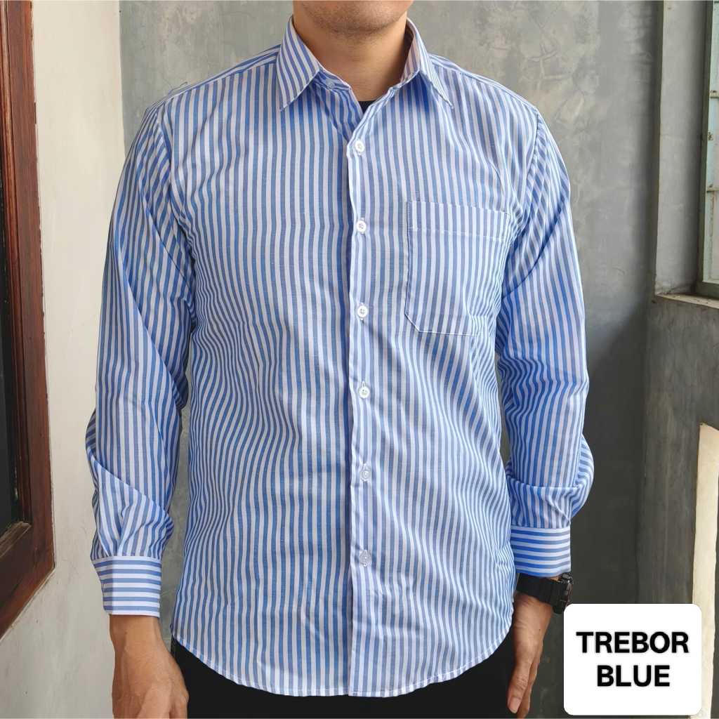 Kemeja Pria Jumbo Salice Paolo Lengan Panjang Motif Salur Trebor Biru Navy