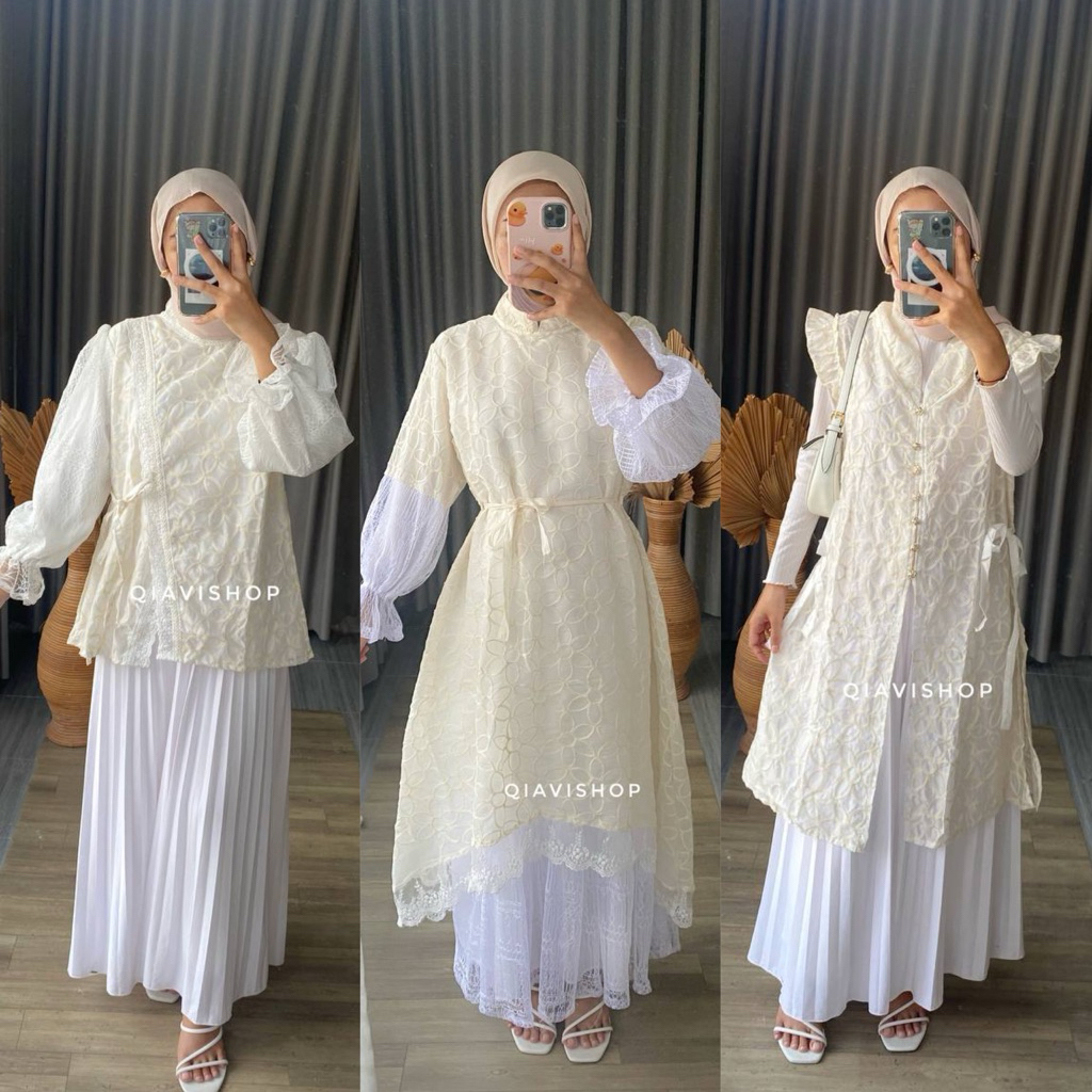 Raya Series Premium / Seragam Keluarga warna putih / Tunik Brukat Putih / Outer Putih / Tunik Brukat