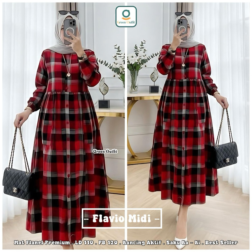 Flavio Midi Flanel Premium Dress Gamis Tunik COD Original Terbaru Terkini Termurah Elegant Kerja Kul