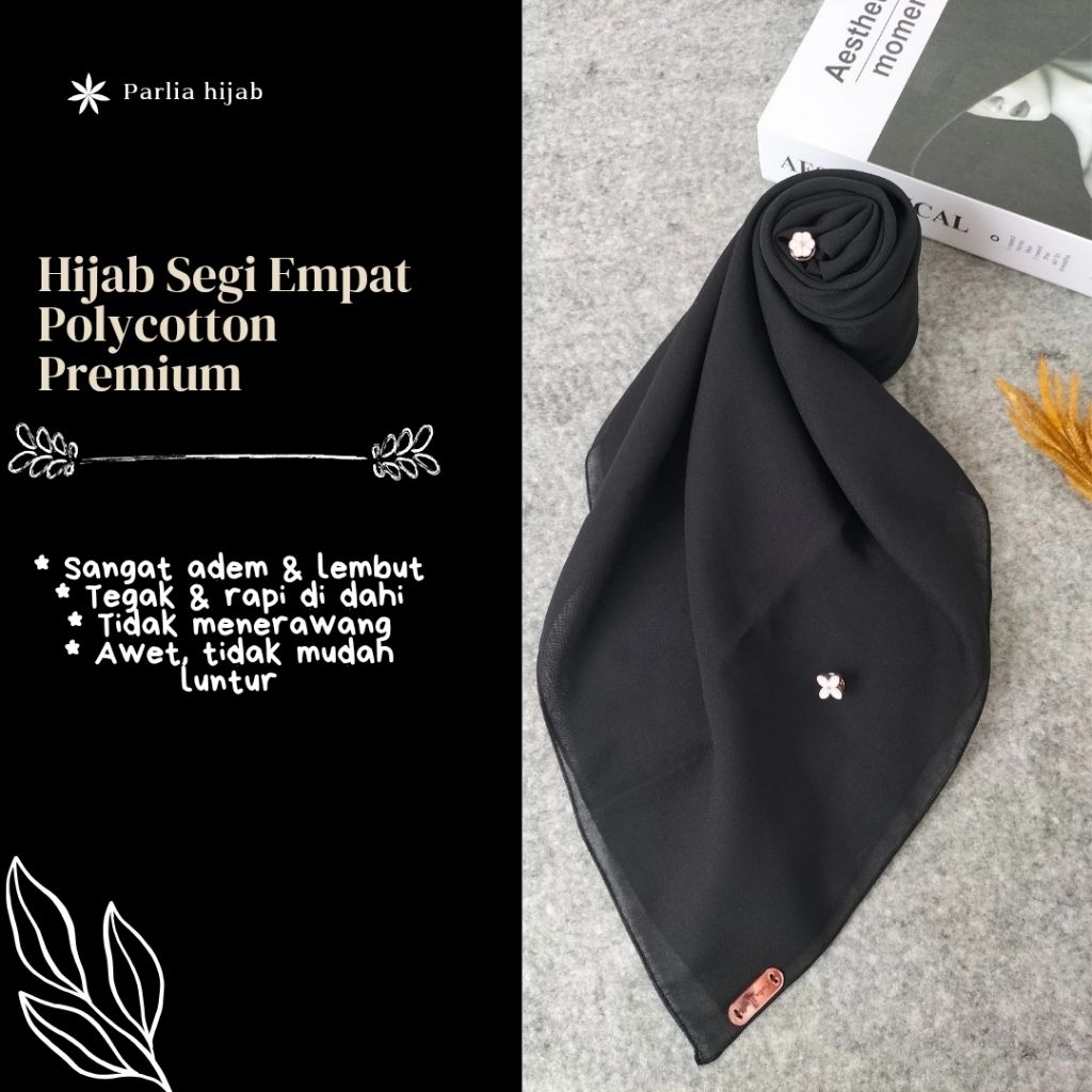 Bella Square Hijab Polycotton Premium-Jilbab Segi Empat Hitam Polos Premium-Part 1