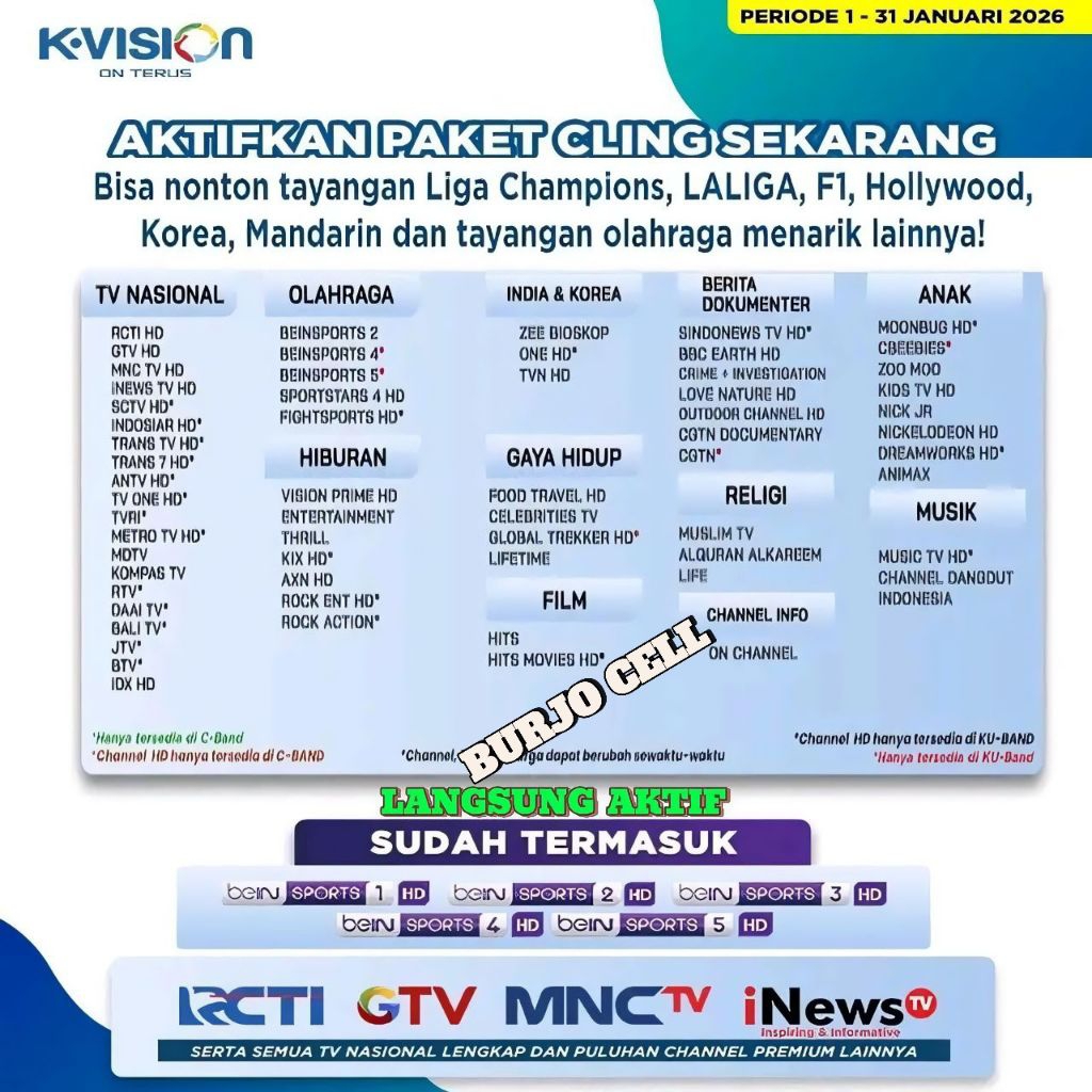 Paket Cling K vision Receiver TV Lokal MNC Group Bonus BEIN