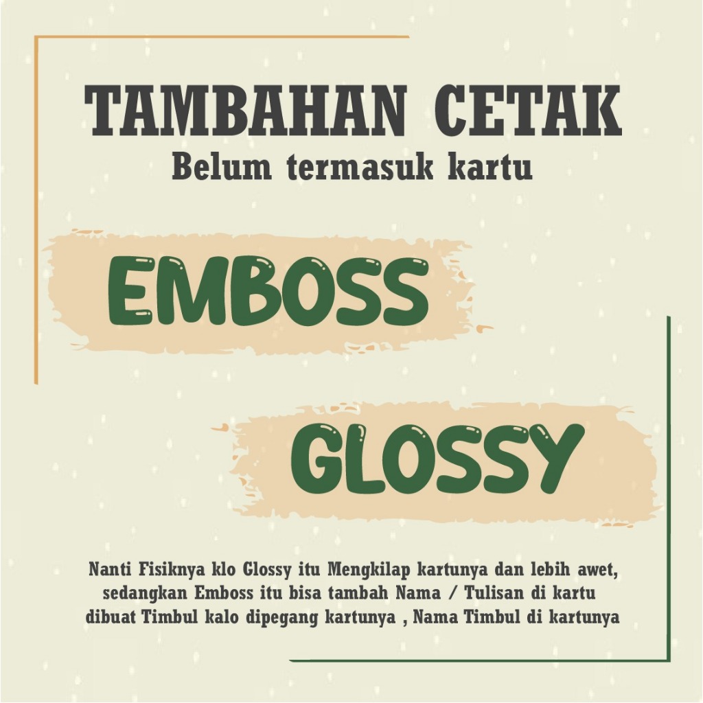 TAMBAHAN CETAK GLOSSY / EMBOSS HURUF NAMA KARTU E MONEY / PVC