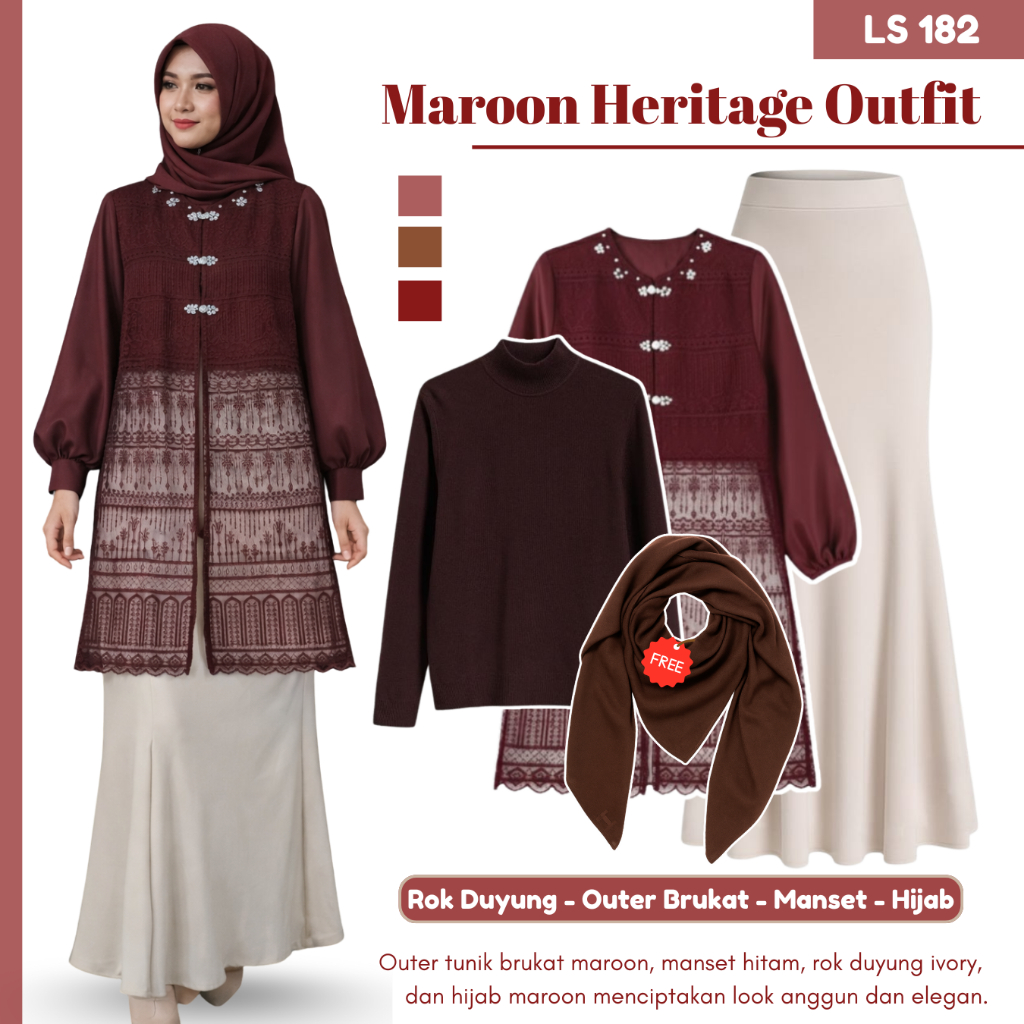 Outfit Kondangan Remaja Kekinian | Outer Brukat, Manset, Rok Duyung, Hijab Segiempat | LS182