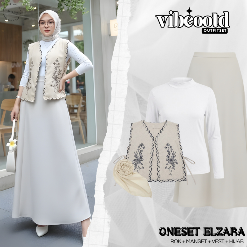 Elzara Outfit Set Hijab Wanita Modern ( Rok Joda Payung + Inner Manset + Vest Batik Bordir + Hijab S