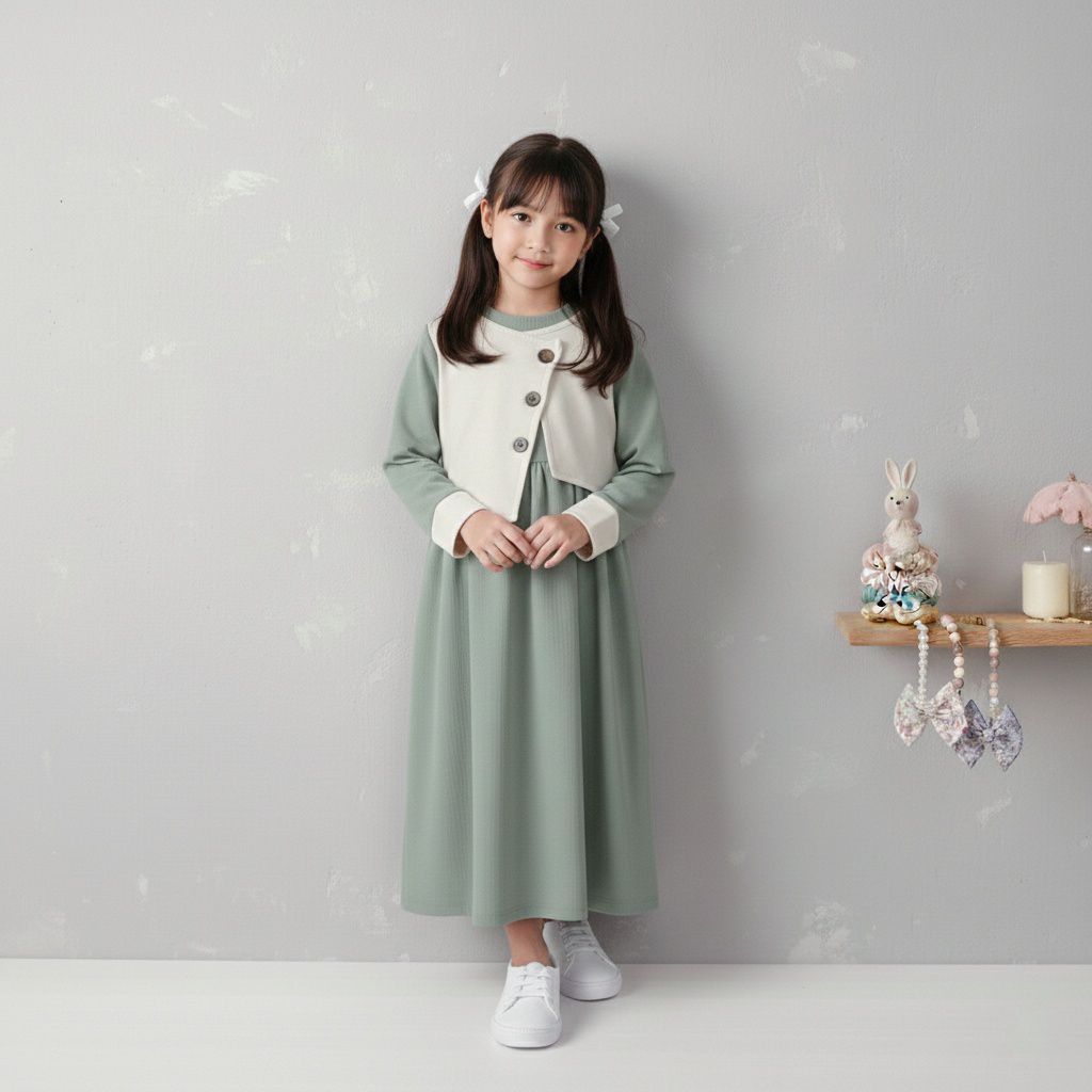 Baju Lebaran Gamis Anak Perempuan 1-6 Tahun Desain Rompi Tempel Dengan Bawahan Rempel Terbaru