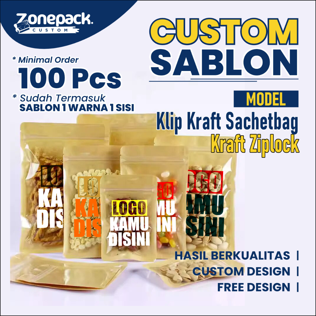 Sablon Plastik Klip Kraft Sachetbag Kraft Ziplock| Kemasan Kertas Bubuk Kopi Snack Masker Teh Bumbu 