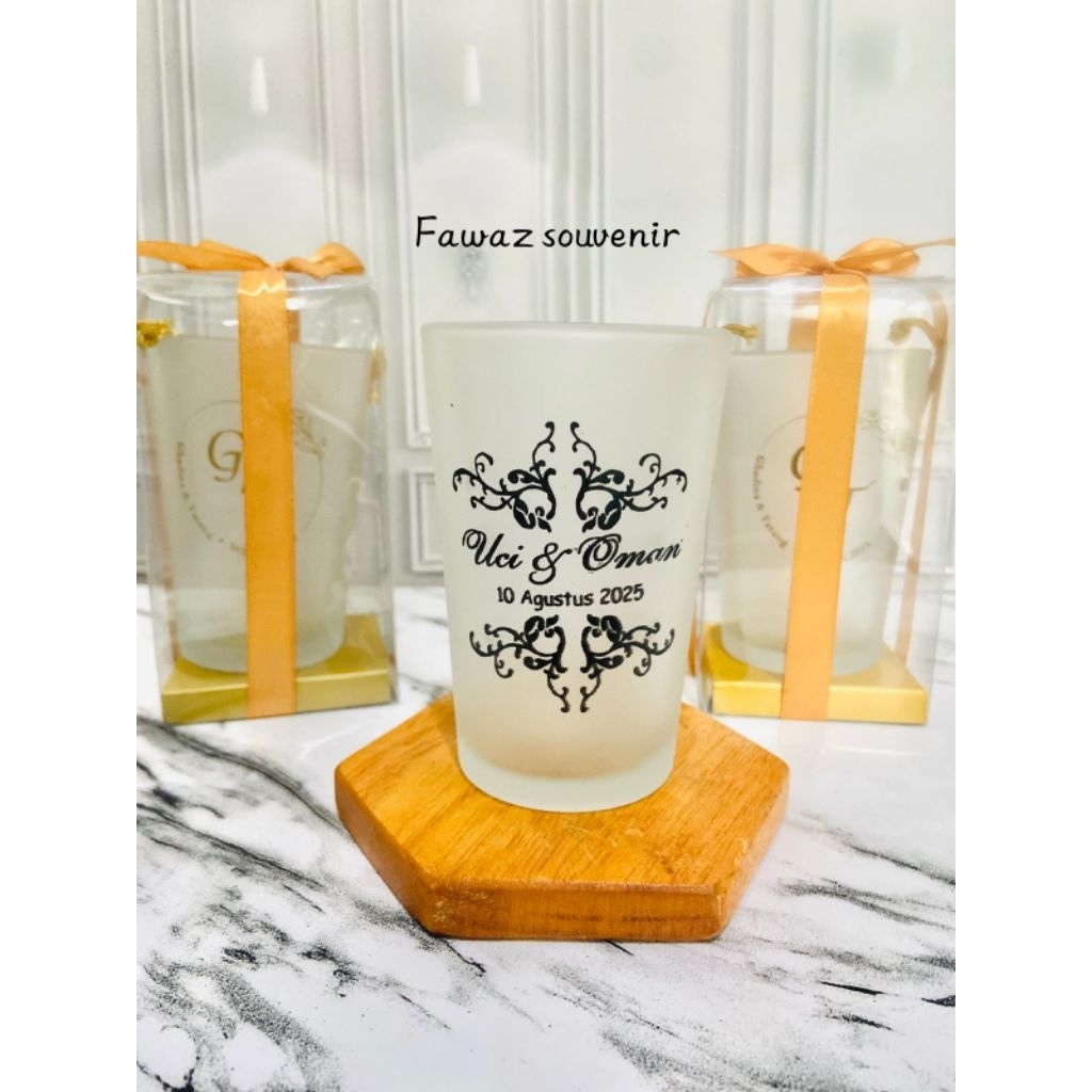 Souvenir pernikahan gelas kaca doff / dove / dof 250ml , gelas h10v doff free cetak sablon custom na