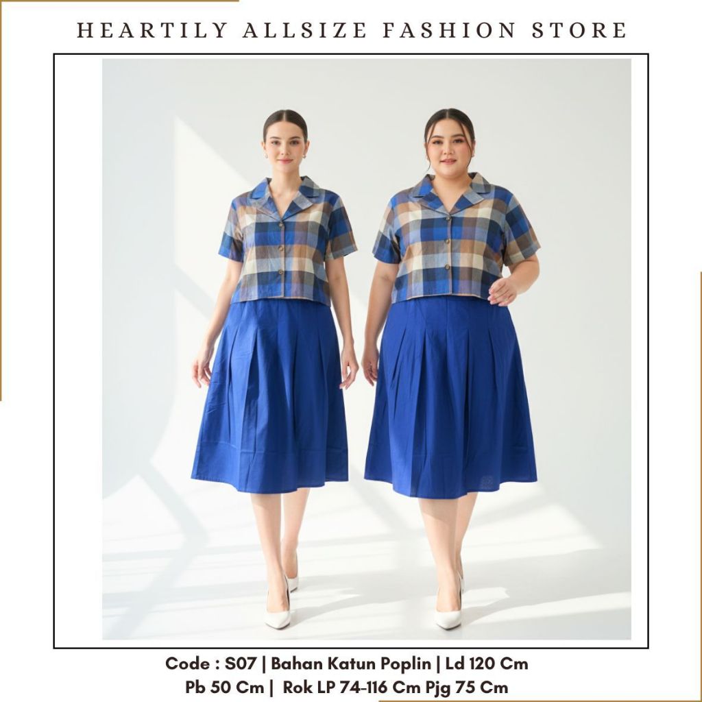 [ HEARTILY FASHION ] S07 Set Wanita Allsize Kotak Kotak LD 120 - Rok LP 75-116 cm Karet Pinggang Kat