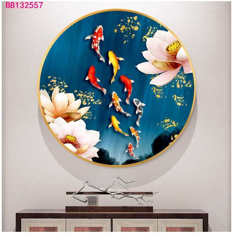 Hiasan Dinding Lukisan Bulat 9ekor Ikan Koi & Bunga Teratai Pembawa Rezeki dan Kedamaian – Diameter 