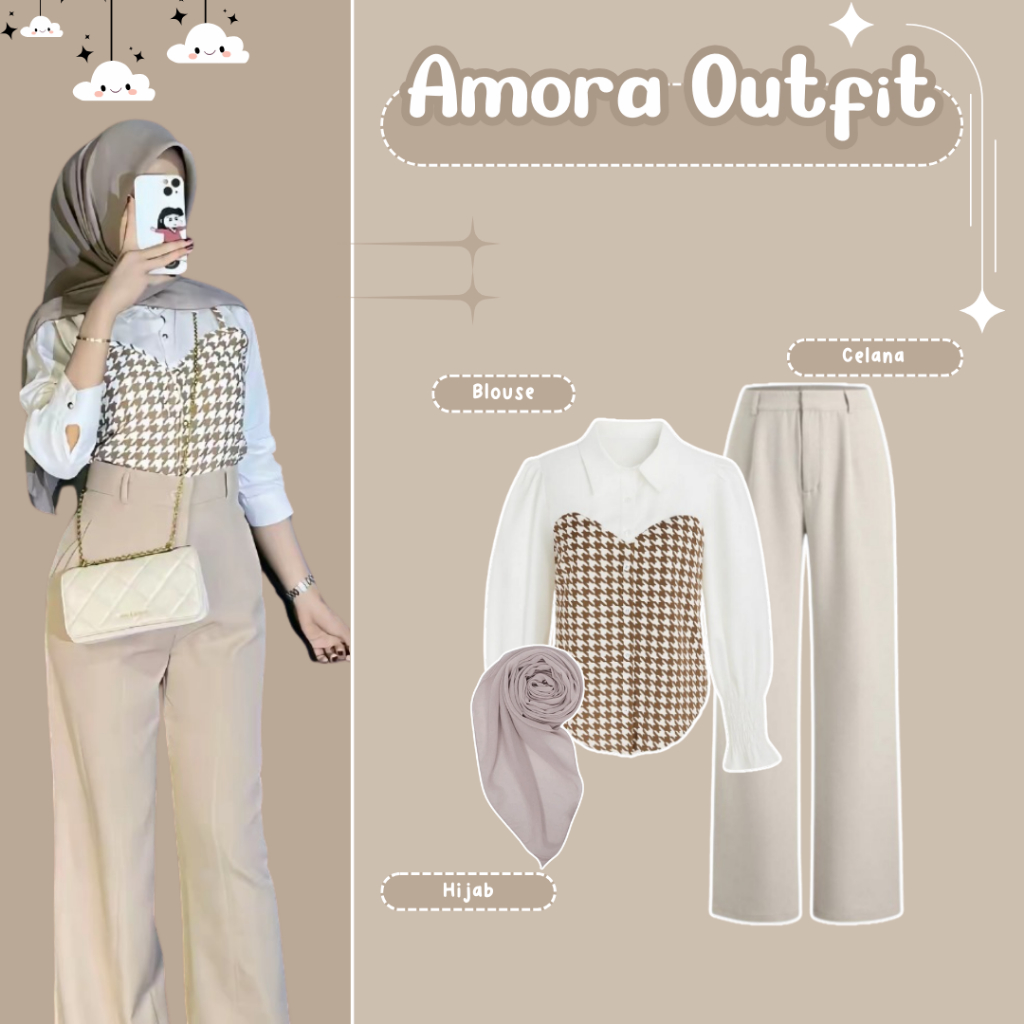 Setelan OOTD Kekinian | Blouse + Celana + Hijab | Setelan OOTD Korean Style | Amora Outfit Set