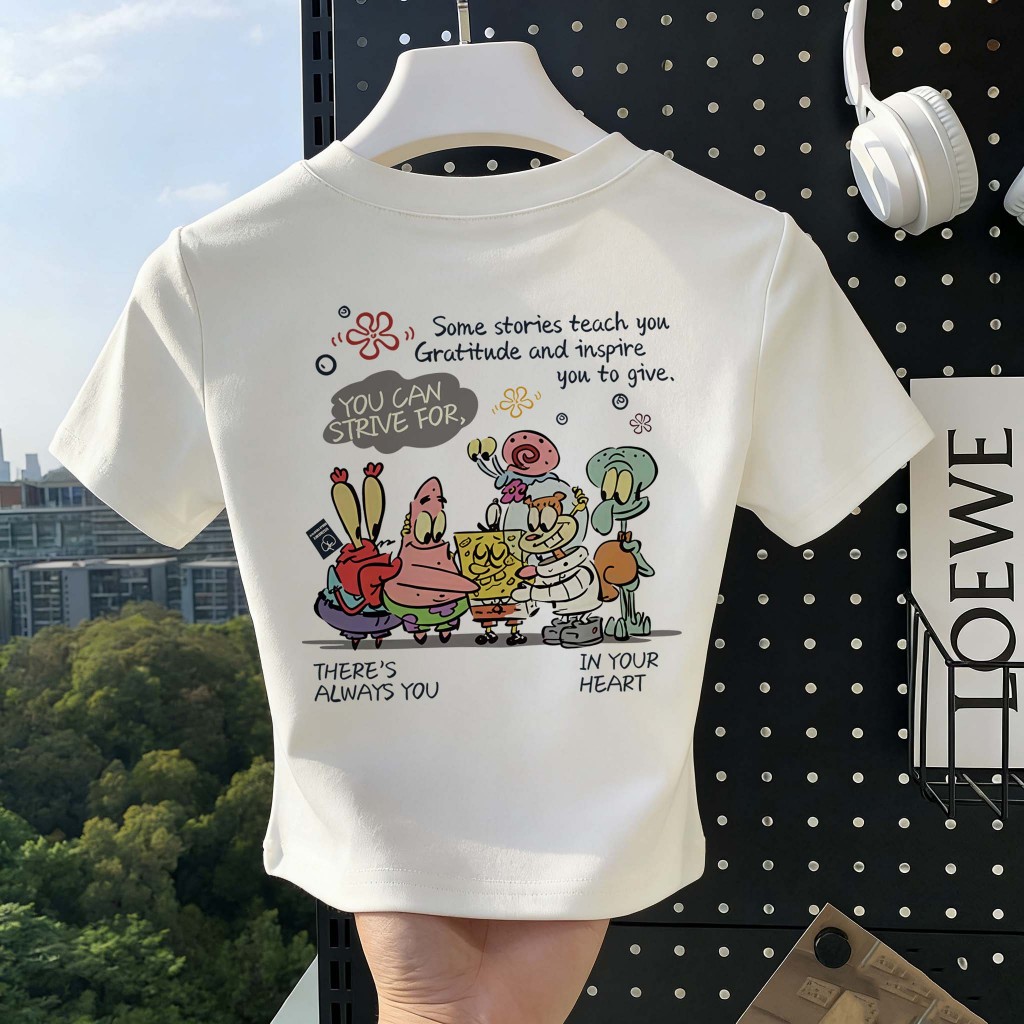 Peach Fashion Motif kartun Patrick Star dan SpongeBob SquarePants yang modis dan kreatif ala Korea T