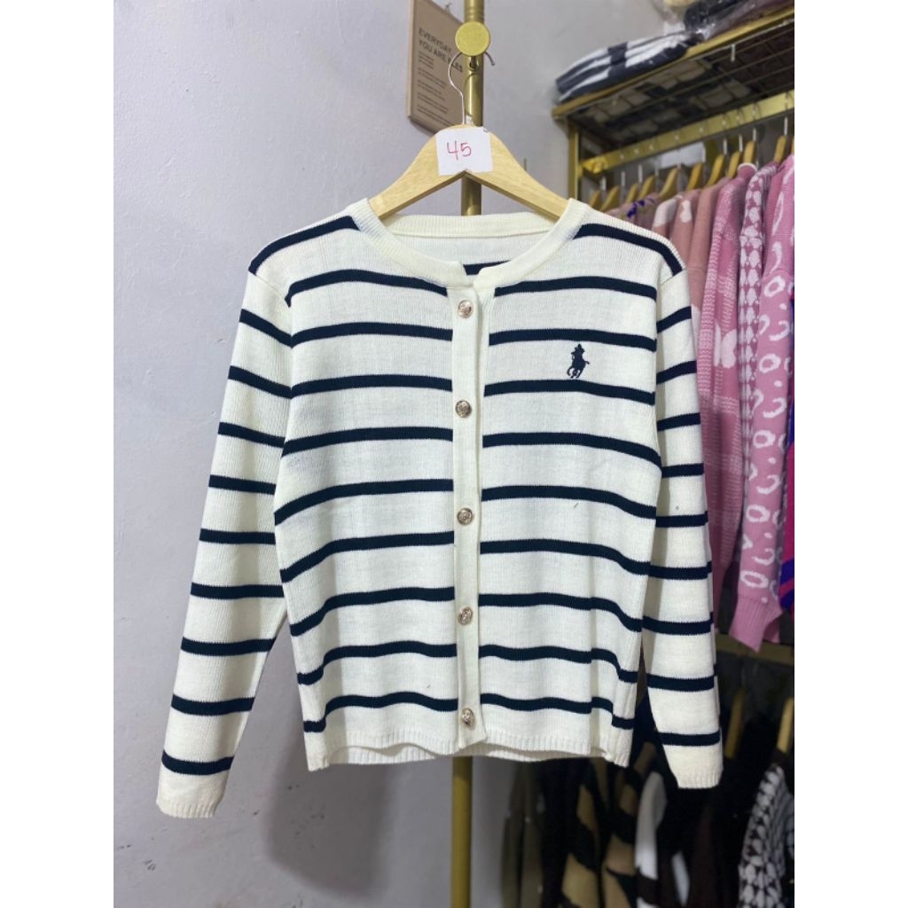 Cardigan Polo Baju Wanita Garis Putih Hitam