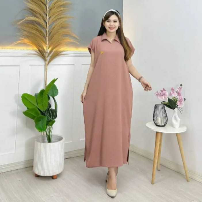 Midi Dress Nabila Suaka Kringkel Premium aster Aletha Dress Wanita Kerah Collar Bahan Crinkle Airflo