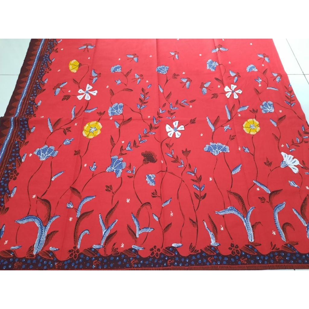 Batik kain panjang katun full tulis motif burung dan bunga warna cerah merah dan oren bktn20382 uk 2