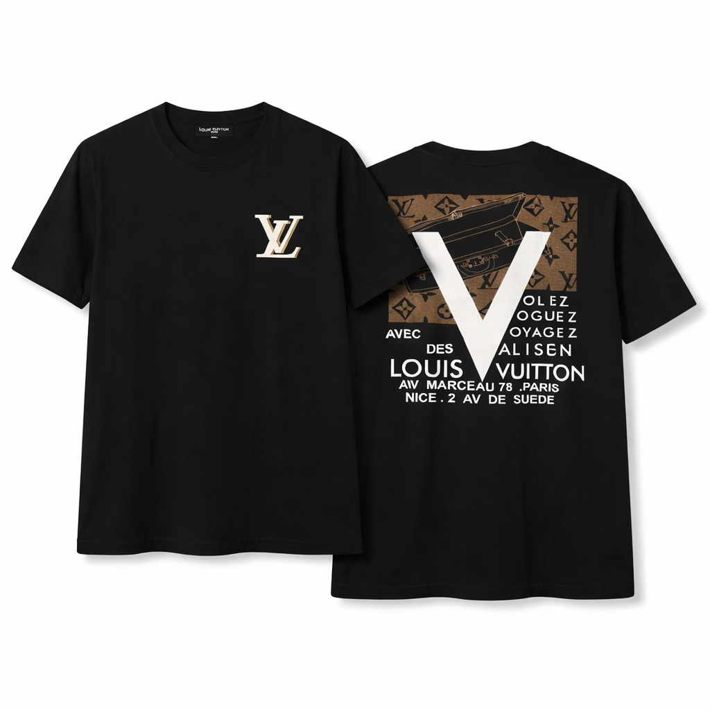Preloved Kaos Hitam LV Print Big Logo Belakang – T-Shirt Pria Casual | Size L