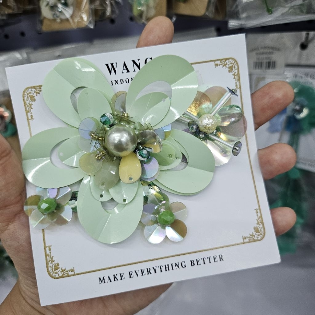 2-5 PCS KATALOG LIME HIJAU TOSCA MINT 3D FLOWER SEQUIN BUNGA 3D APLIKASI PAYET SEPATU