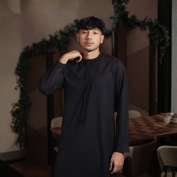 BASTOH Jubah Qarsya Koko Bordir Pria Lengan Panjang Warna Hitam
