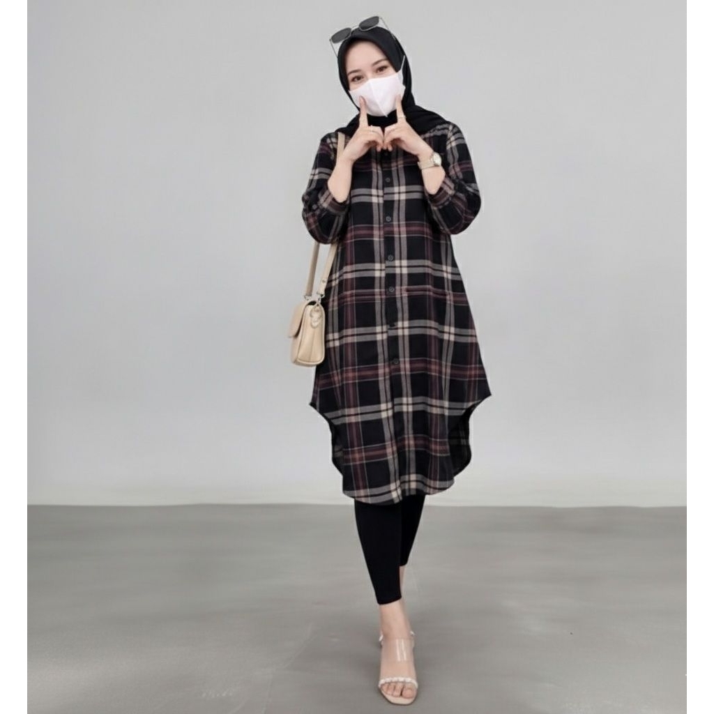 Tunik Kotak Wanita Flanel Premium | Tunik Panjang Hijab Friendly | Atasan Oversize Kekinian