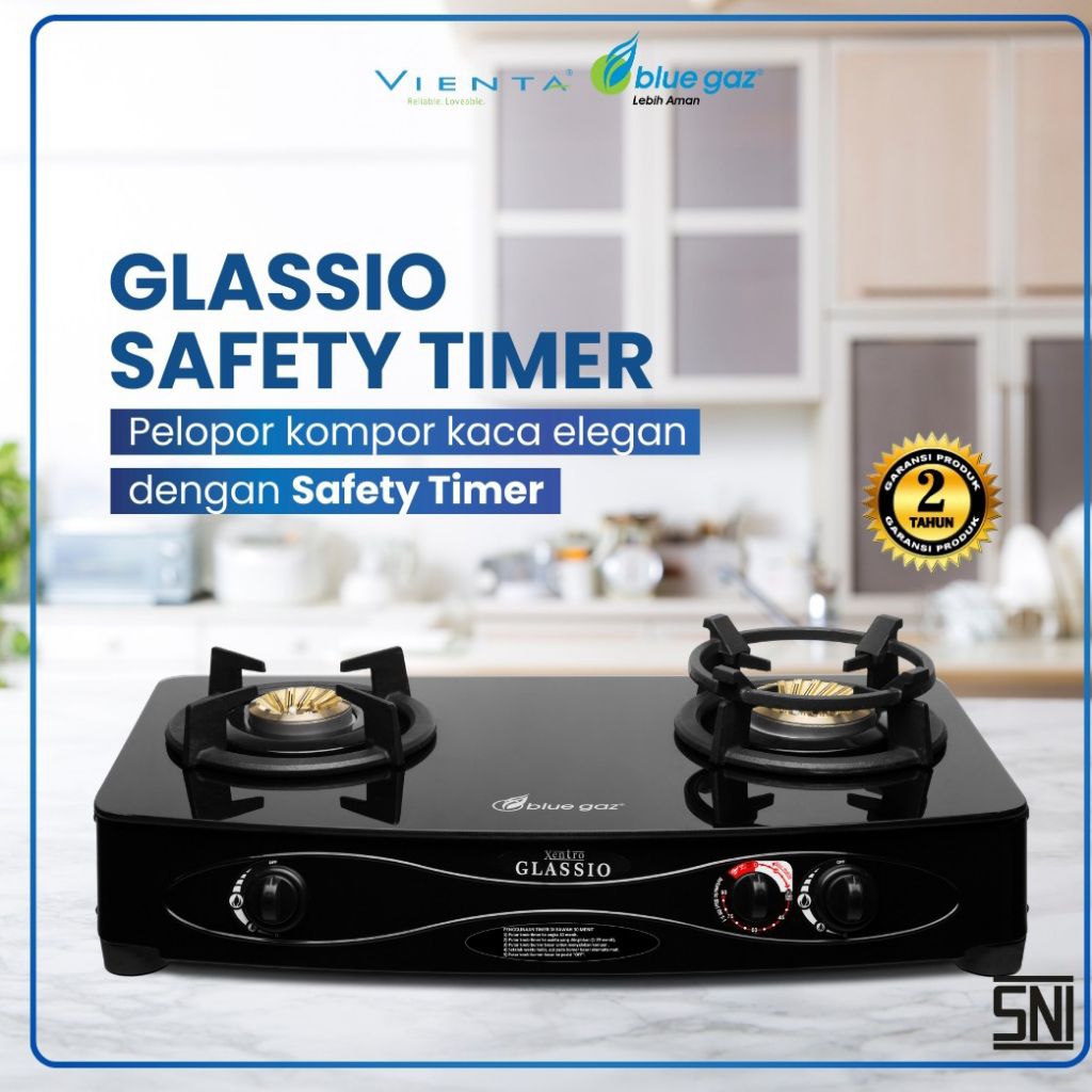 Kompor Gas Kaca Blue Gas Gaz Glassio Safety Timer Pemantik Elektrik Pemutus Gas Otomatis Garansi Hom