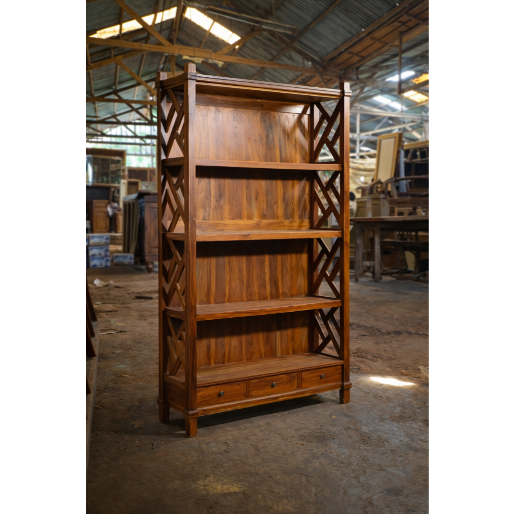 Lemari Buku Kayu Jati Jepara 3 Laci | Rak Buku Minimalis Jati Solid