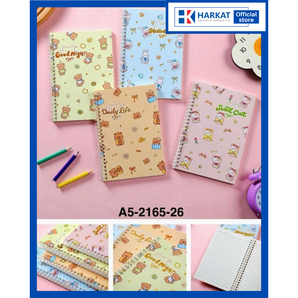 Notebook Gambar spiral A5/ Buku DIARY garis motif gambar lucu untuk Catatan Harian