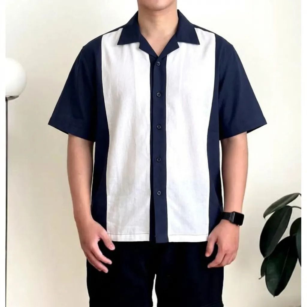 REINACLUB Kemeja Linen Pria Lengan pendek Kombinasi vintage - Bowling shirt
