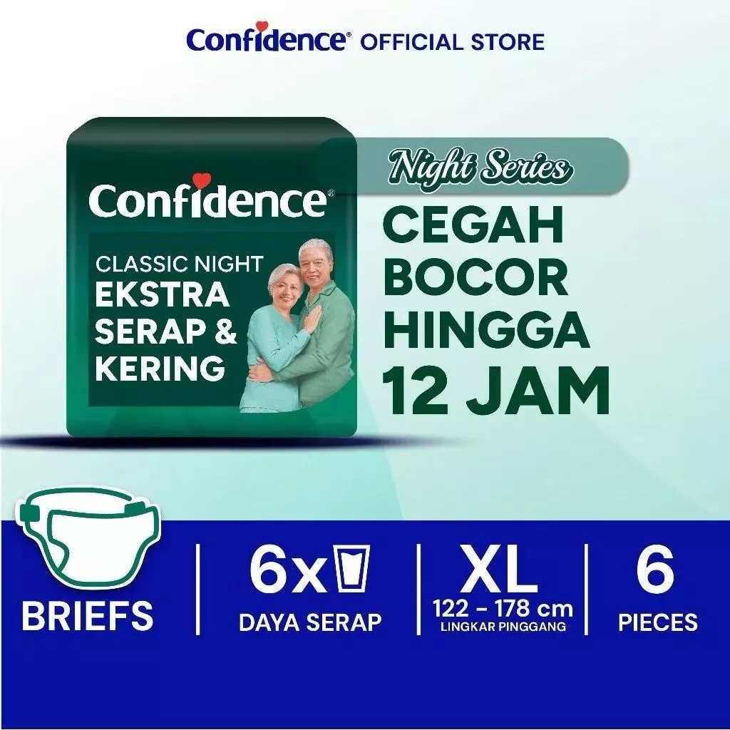 Confidence Popok Dewasa Perekat Classic Night Ekstra Serap & Kering XL6 Pamper Perekat Tape Orang Tu