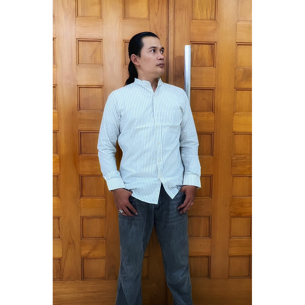 Kemeja Stripe Pria Shanghai Lengan Panjang/ Kemeja Pria Kerah shanghai lengan panjang