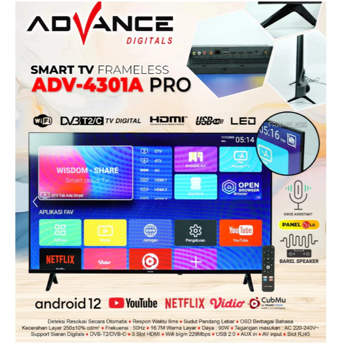 Advance ADV-4301A PRO Smart TV 43 Inch Frameless Android TV