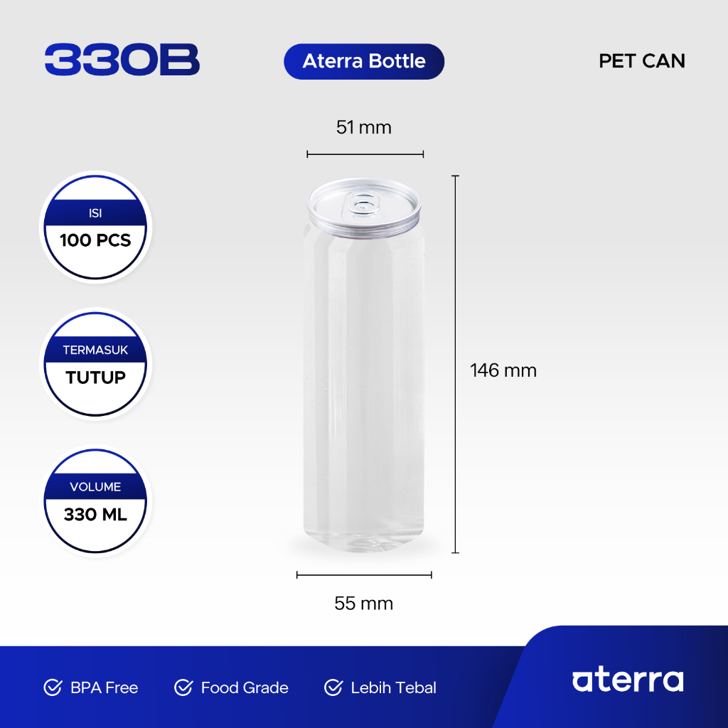 Aterra | Botol 330B - Isi 100 Pcs Termasuk Tutup Lid - Pet Can Bottle 330 ml Pop Can