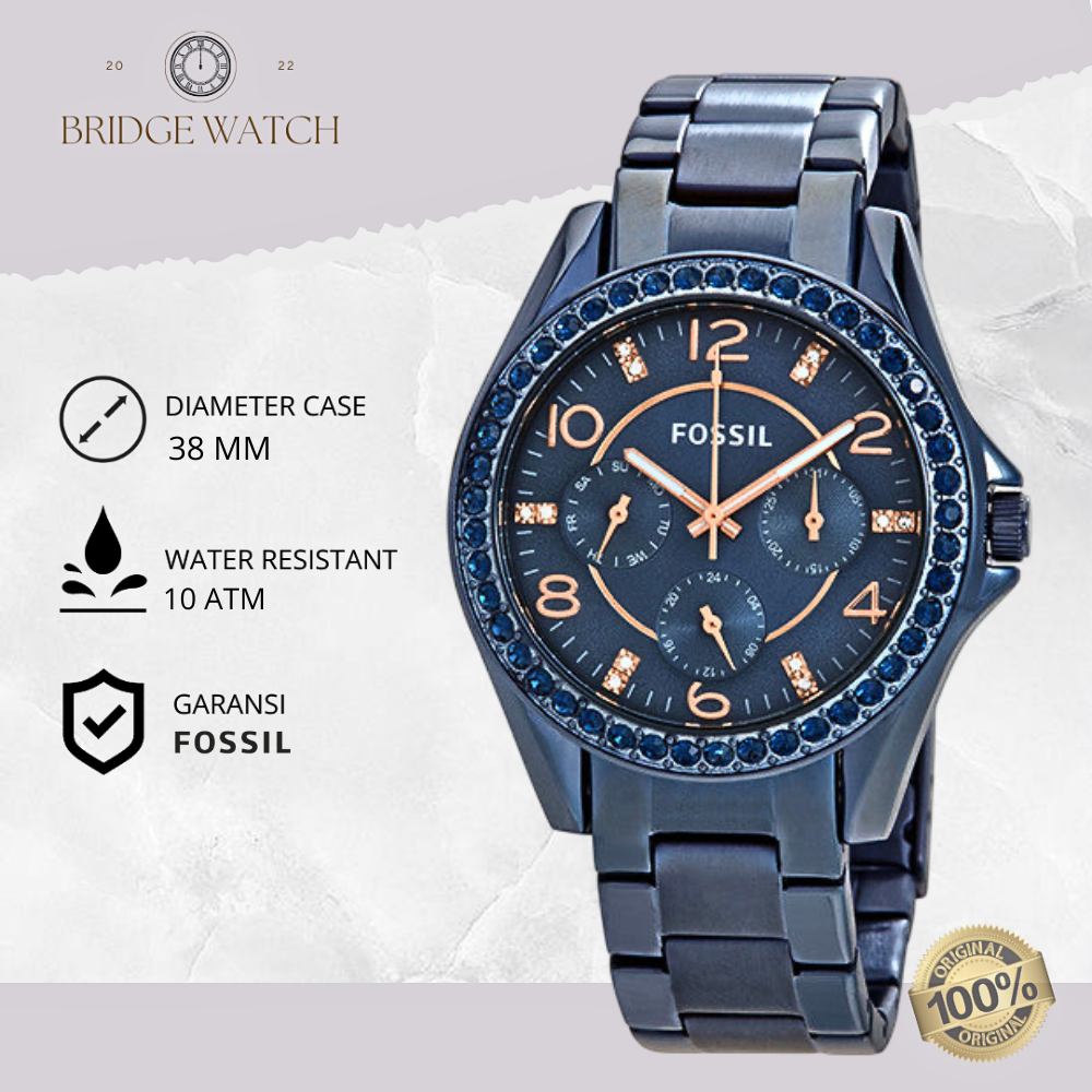 Jam Tangan Wanita Fossil Riley ES4294 Chronograph Blue Stainless Steel Mewah Original