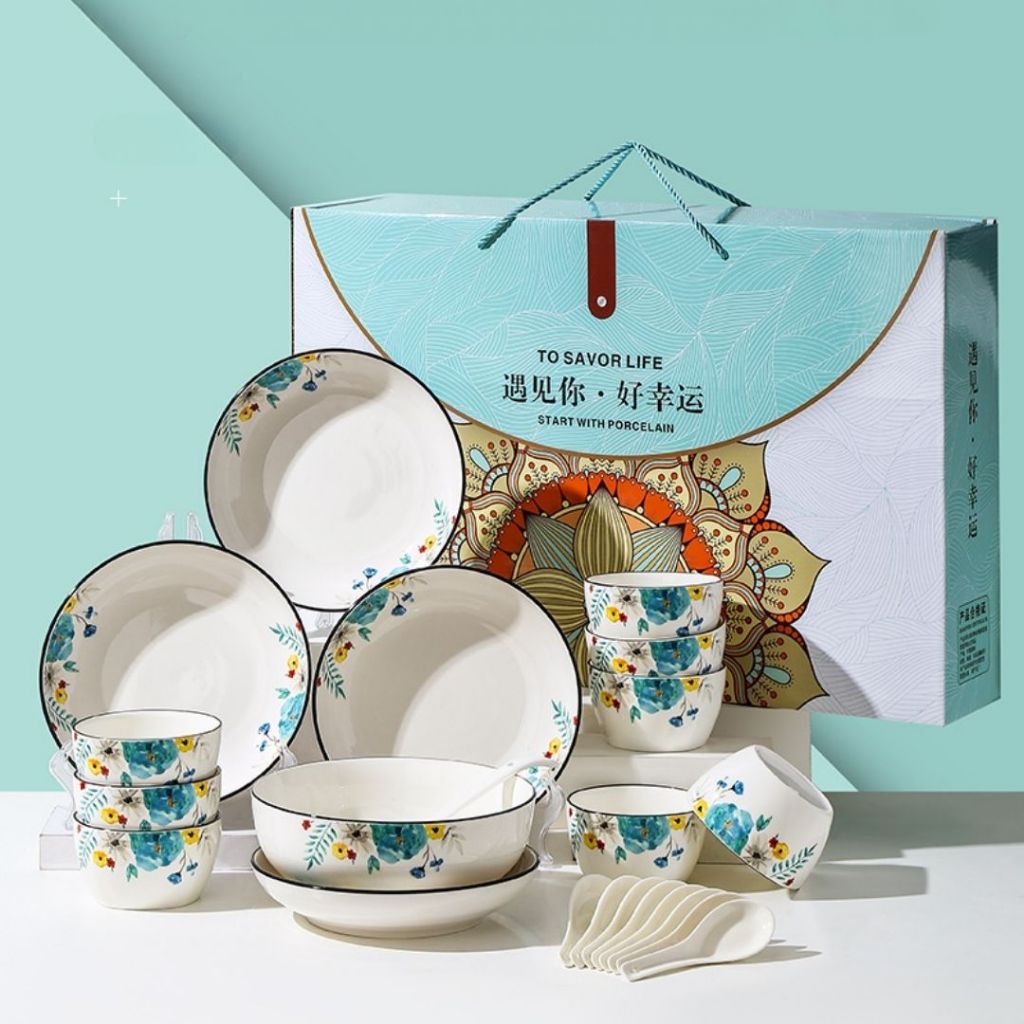 Set Piring Makan Azure isi 16 dan 10 / Dinnerware Set / Piring Makan Keramik Corak Oriental List Gol
