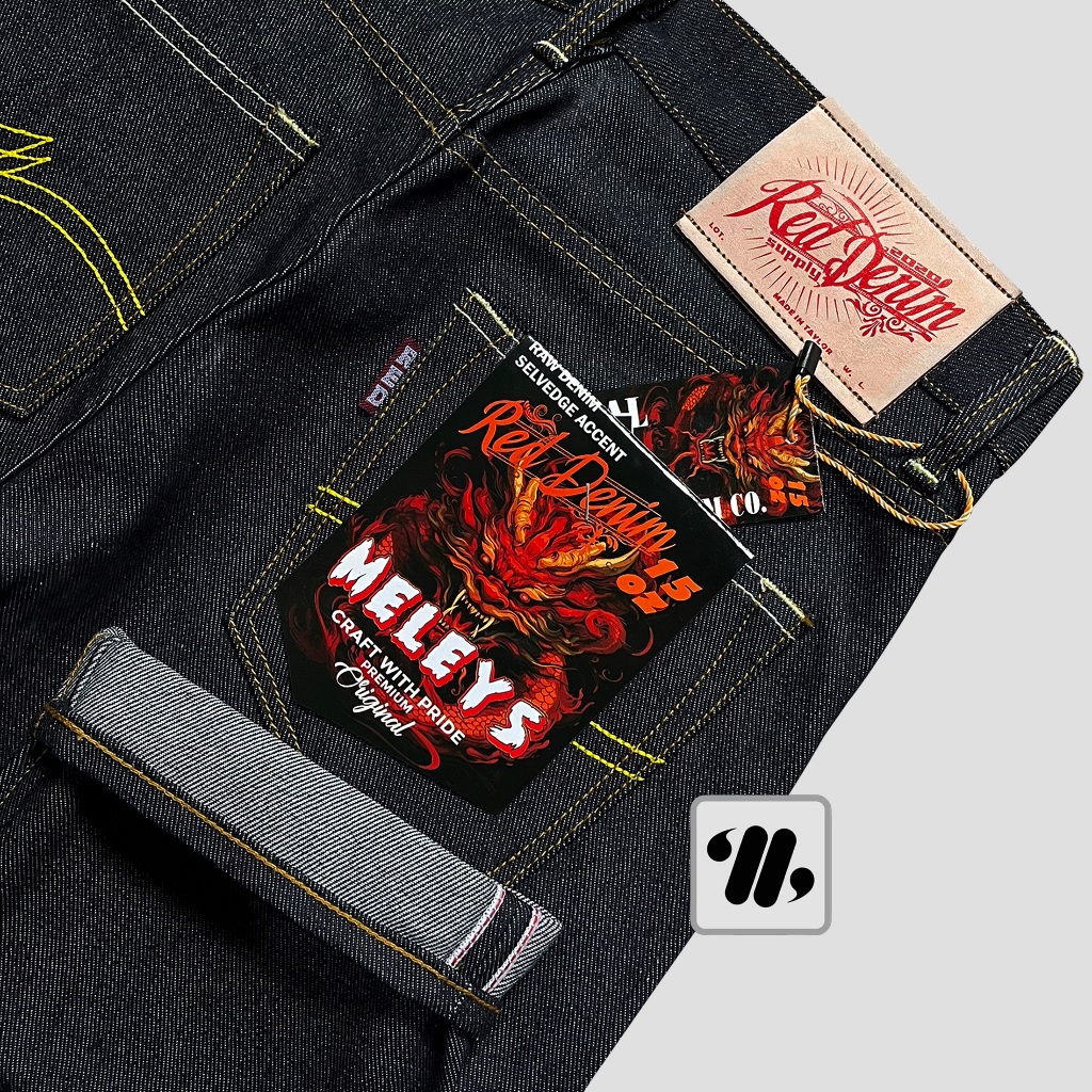 RED DENIM - Denim Black Indigo 15oz Sanforized Raw Denim Accent Selvedge Original