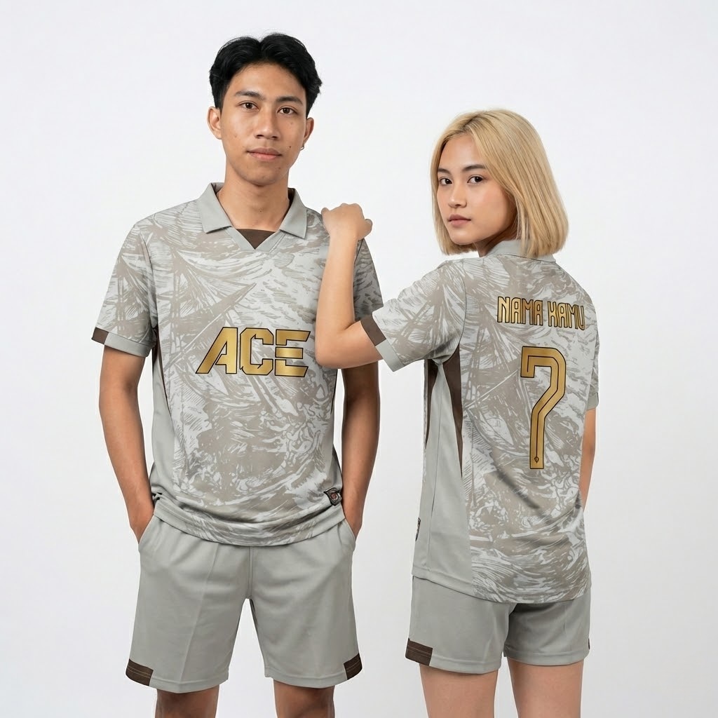 Setelan Jersey Futsal Tim Unisex Motif Abstrak Abu Kerah Polo