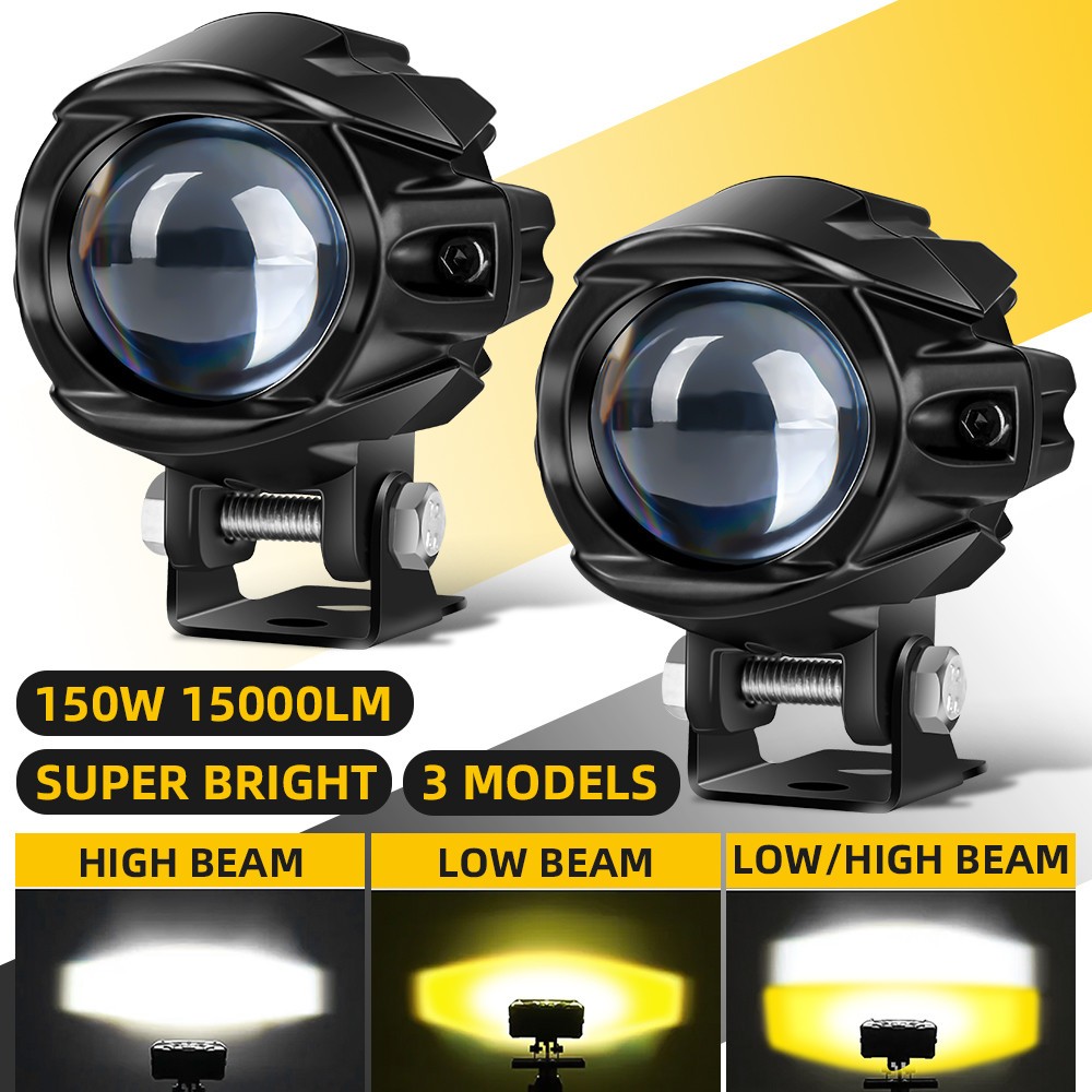 Motorcycle LED spotlight with external lens, ultra-bright dual-beam LED street headlight