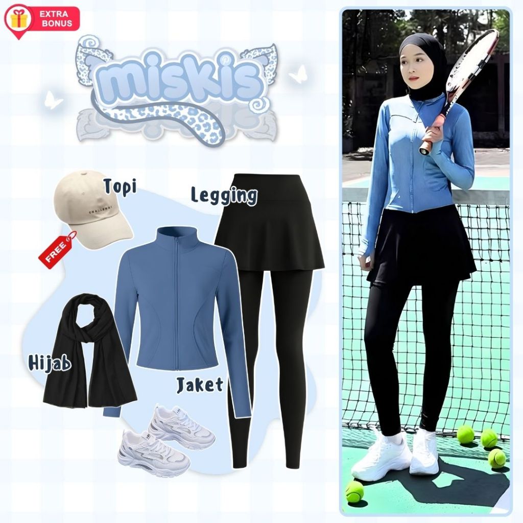 oneset 3in1 Free topi + jaket olahraga + legging + hijab pasmina ceruty babbydoll | outfit wanita ce