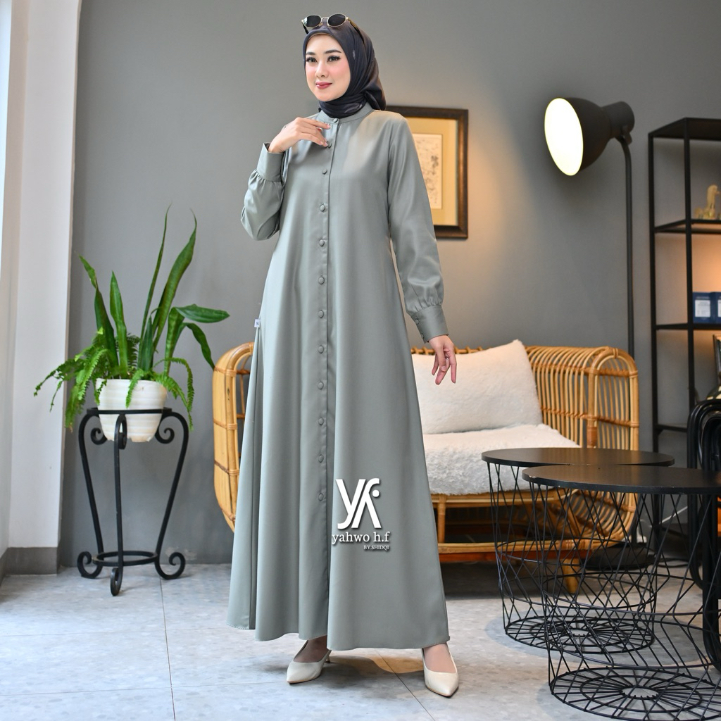 Yahwo hijab fashion-Gamis Abaya Basic-Dress Lebaran Wanita kekinian Terbaru Terlaris-kancing(busui)