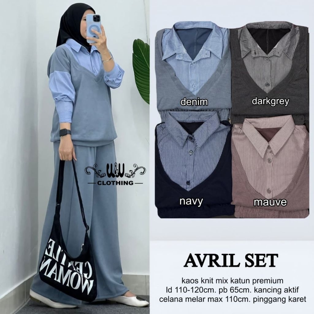 AVRIL SET//SET WANITA KEKINIAN BESTSELLER//SET OOTD//SET TERBARU//SET KNIT//OOTD HIJAB //SET CELANA/