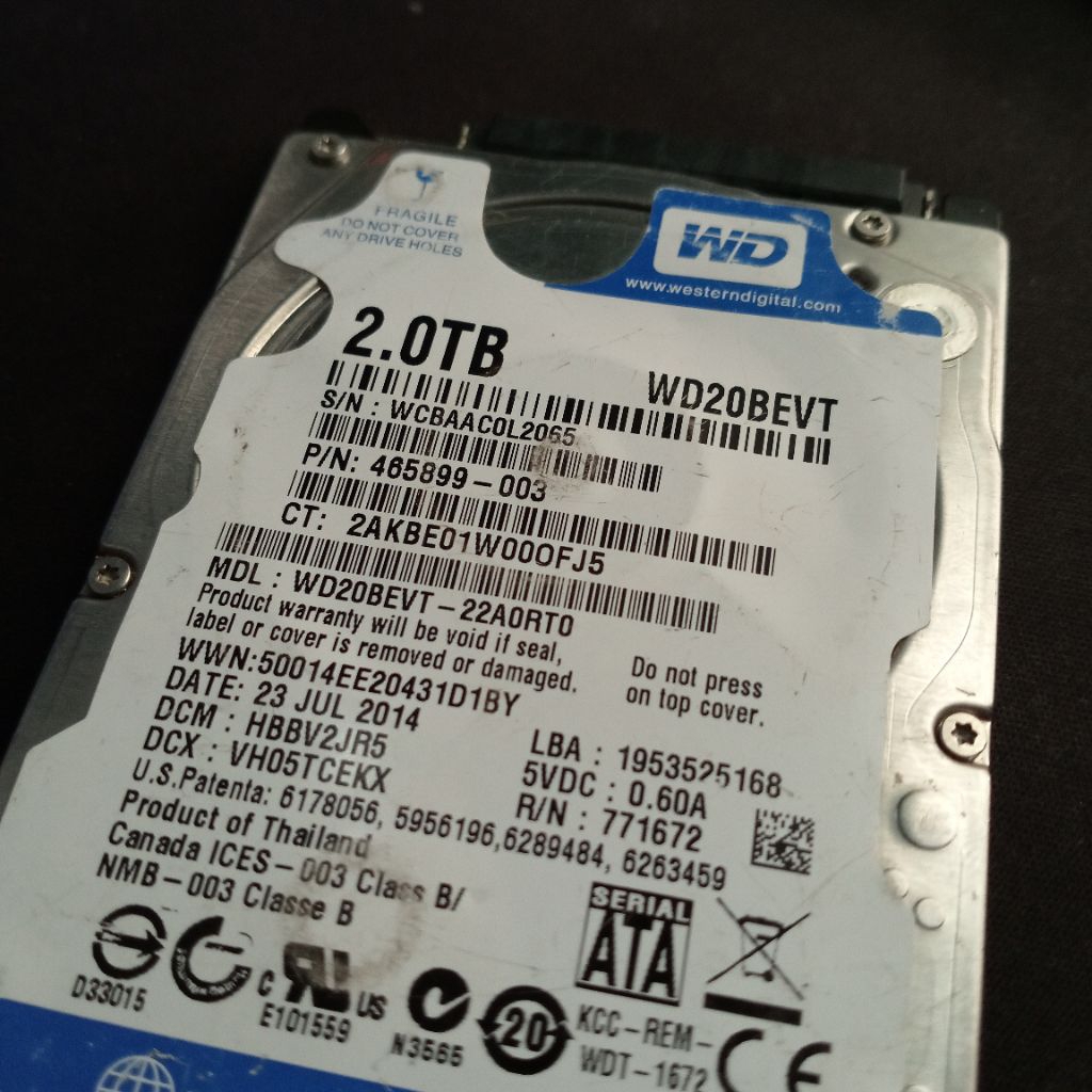 HDD 2TB Laptop 2.5 Kondisi Rusak