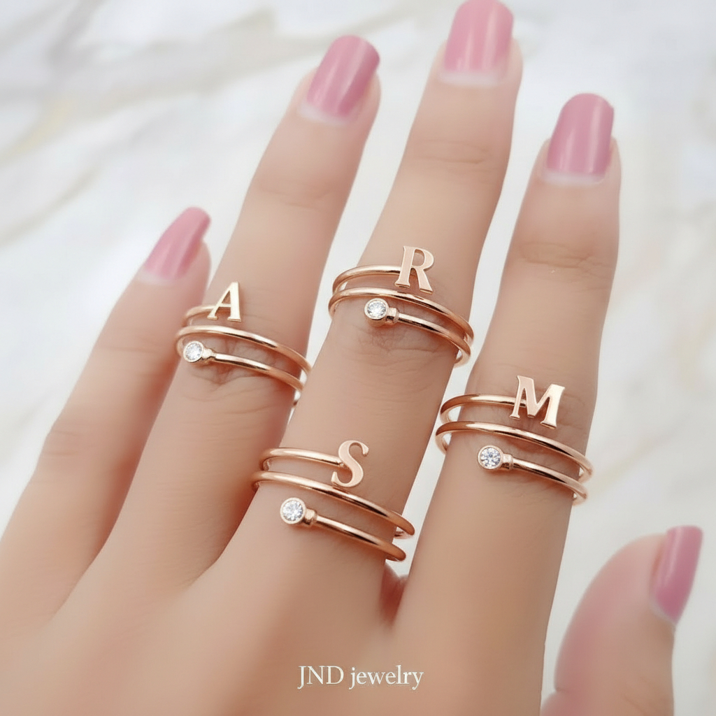 Cincin Inisial Huruf Custom Wanita Suasa Asli Lapis Emas – Gold Rose Gold Silver | JND Jewellery