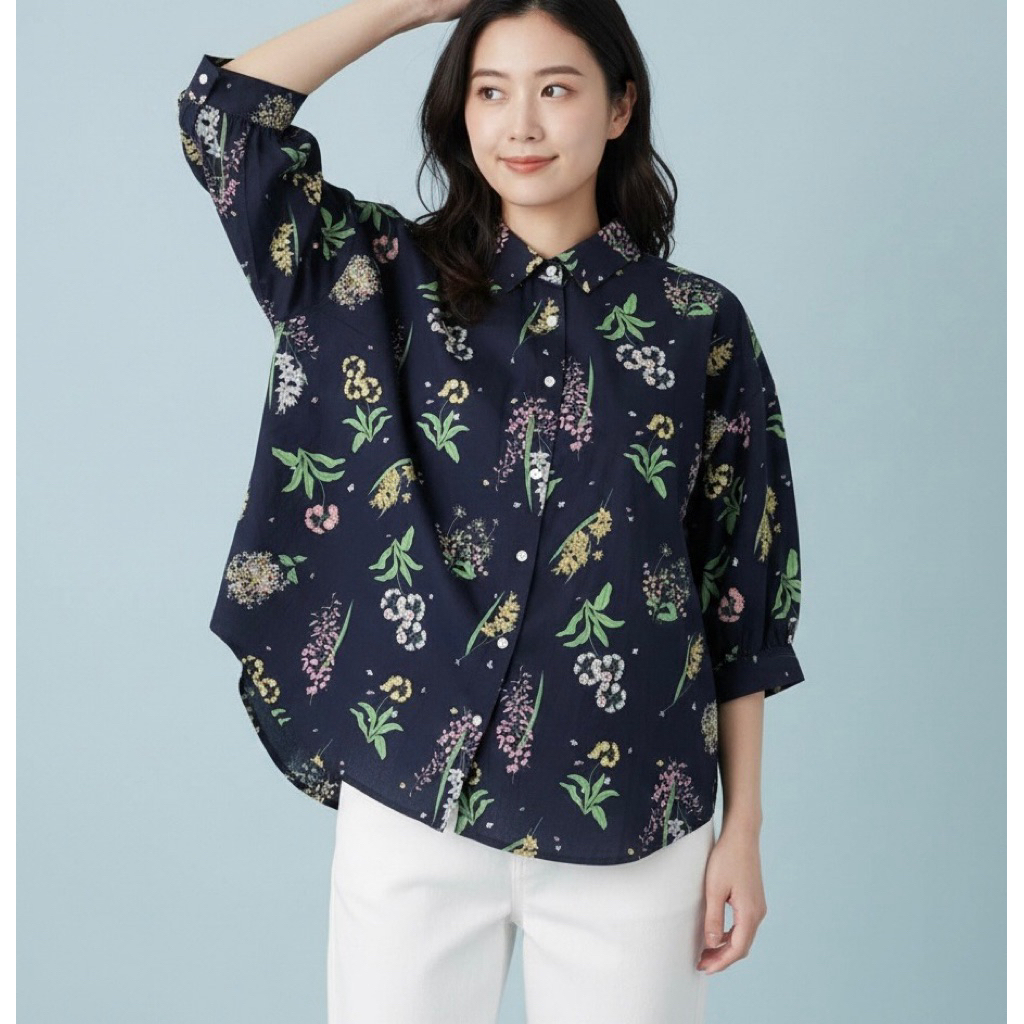 BLUS KEMEJA OVERSIZE JUMBO TWO-WAY KATUN BIRU BUNGA FLORA KOREA IMPORT