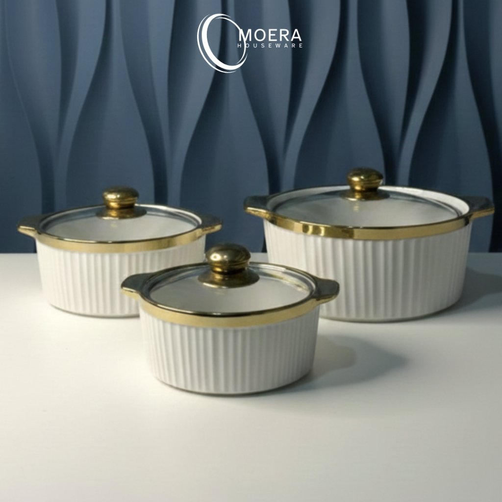 MOERA Mangkok Saji Tutup Kaca List Gold Keramik Premium Unik Diameter 16,23, & 27cm / Set Mangkok Ke