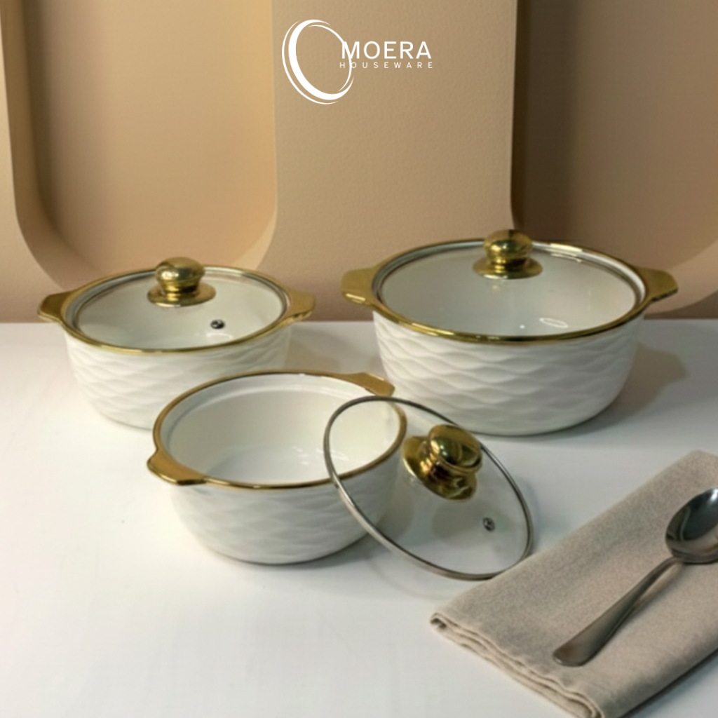 MOERA Mangkok Saji Tutup Kaca Wave List Gold Keramik Premium Unik  / Set Mangkok Keramik Tutup kaca 