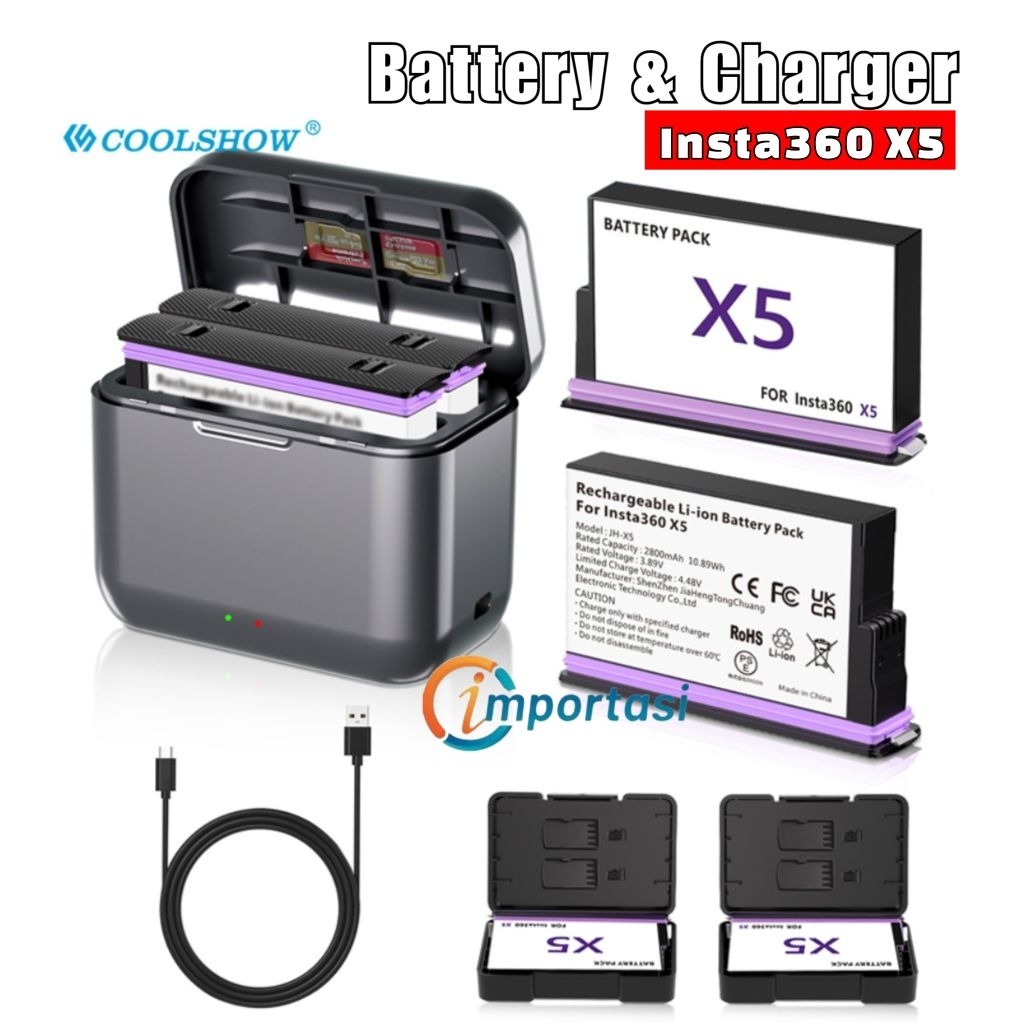 Battery Pack & Dual Slot Charger Baterai for INSTA360 X5 Batere Fast Charging