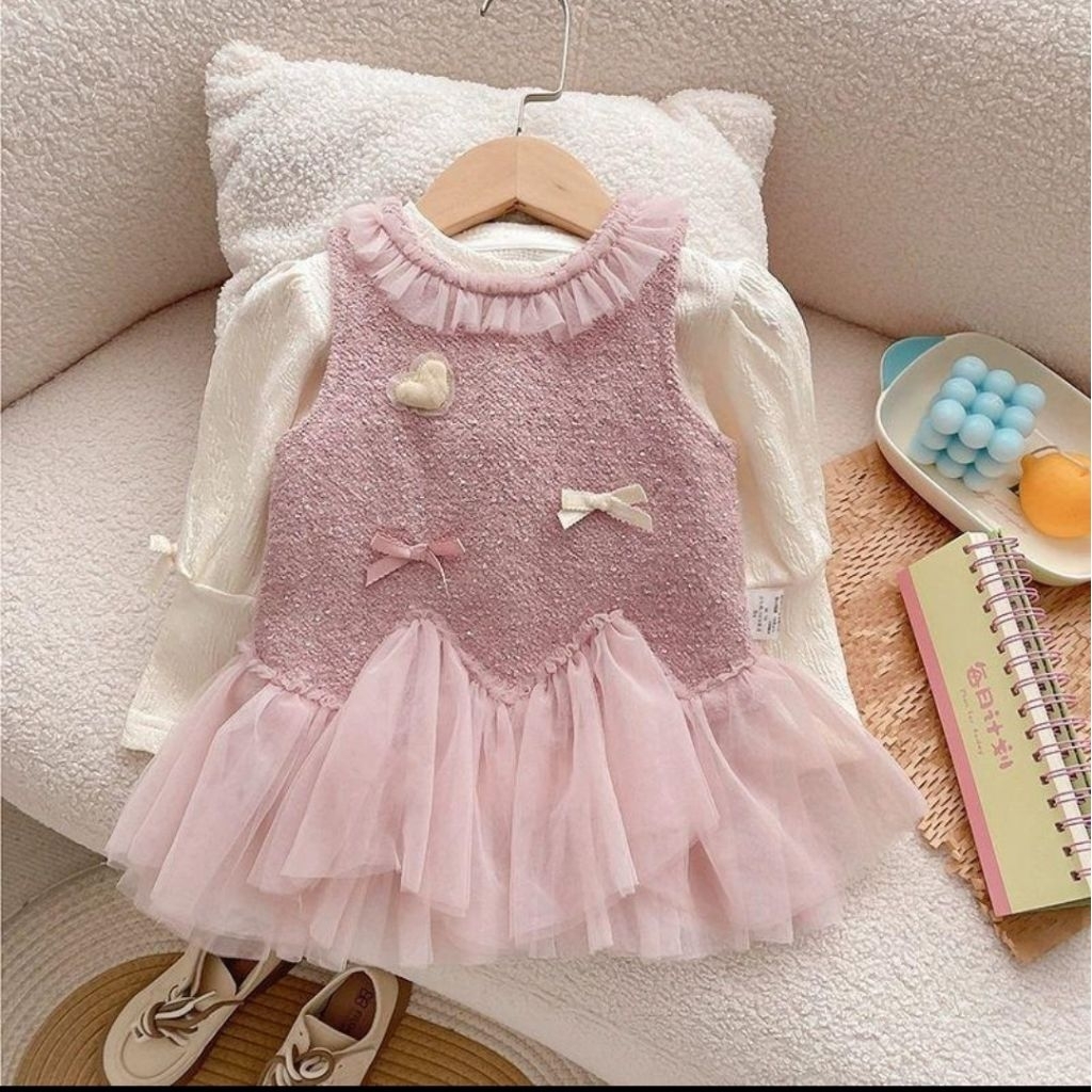 ANGELWISE  - Dress anak cewek - dress dusty tweed love timbul  - dress 2in1 - dress lengan panjang -