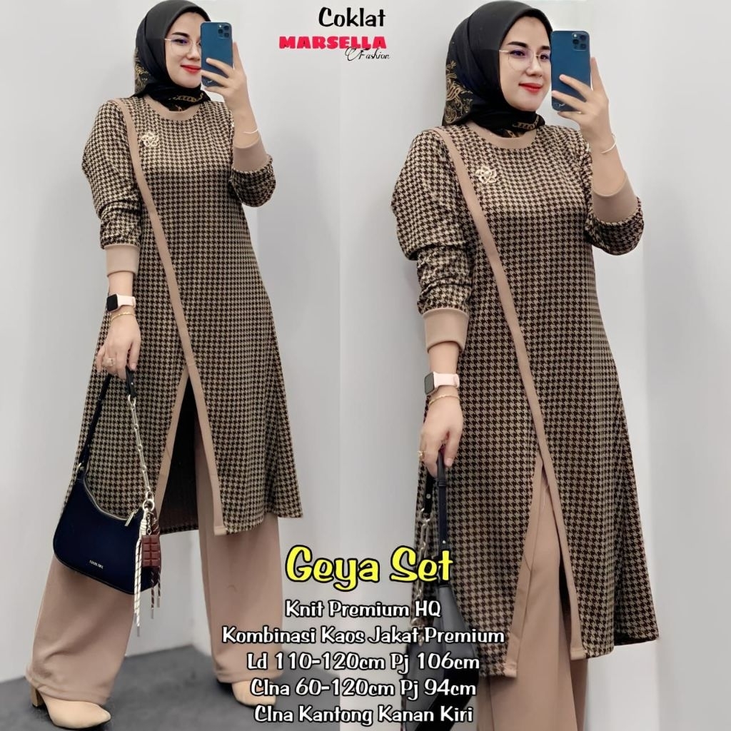 Marsella -Geya Set Tunik Celana Wanita Kaos Jacket Import X Knit Import •